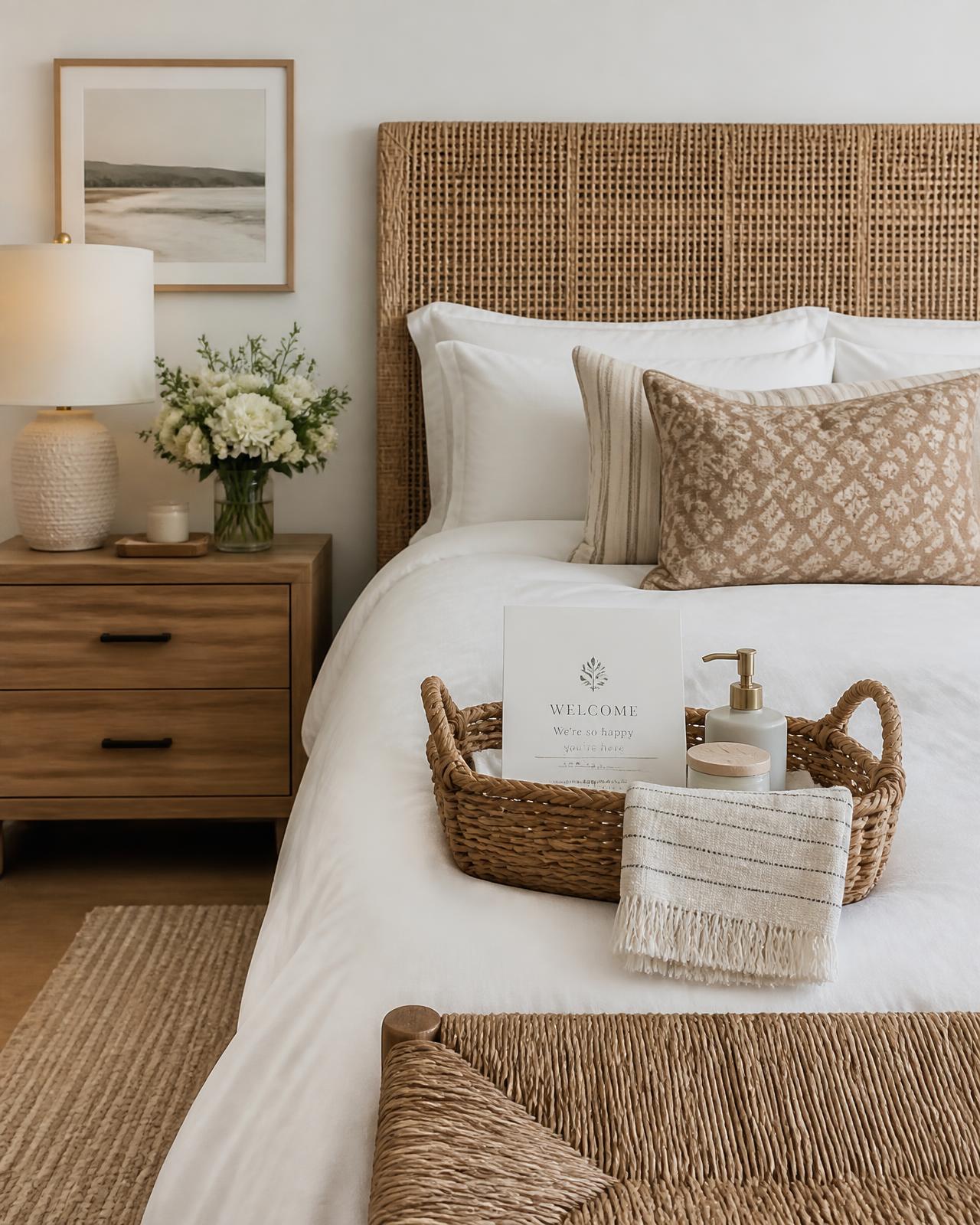 Guest-ready luxury vacation rental bedroom with welcome basket