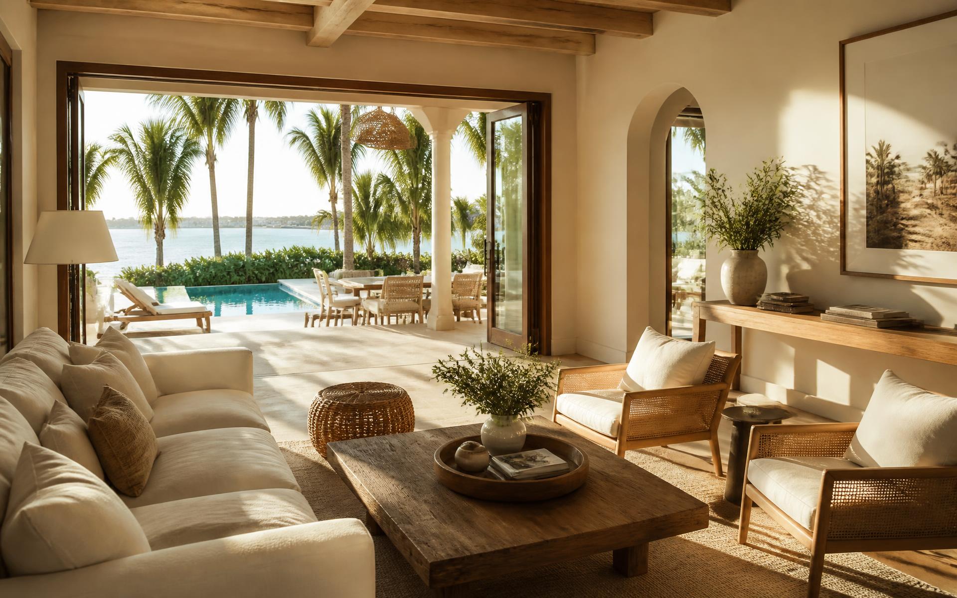 Luxury Naples Florida coastal home interior opening to a palm-lined pool terrace