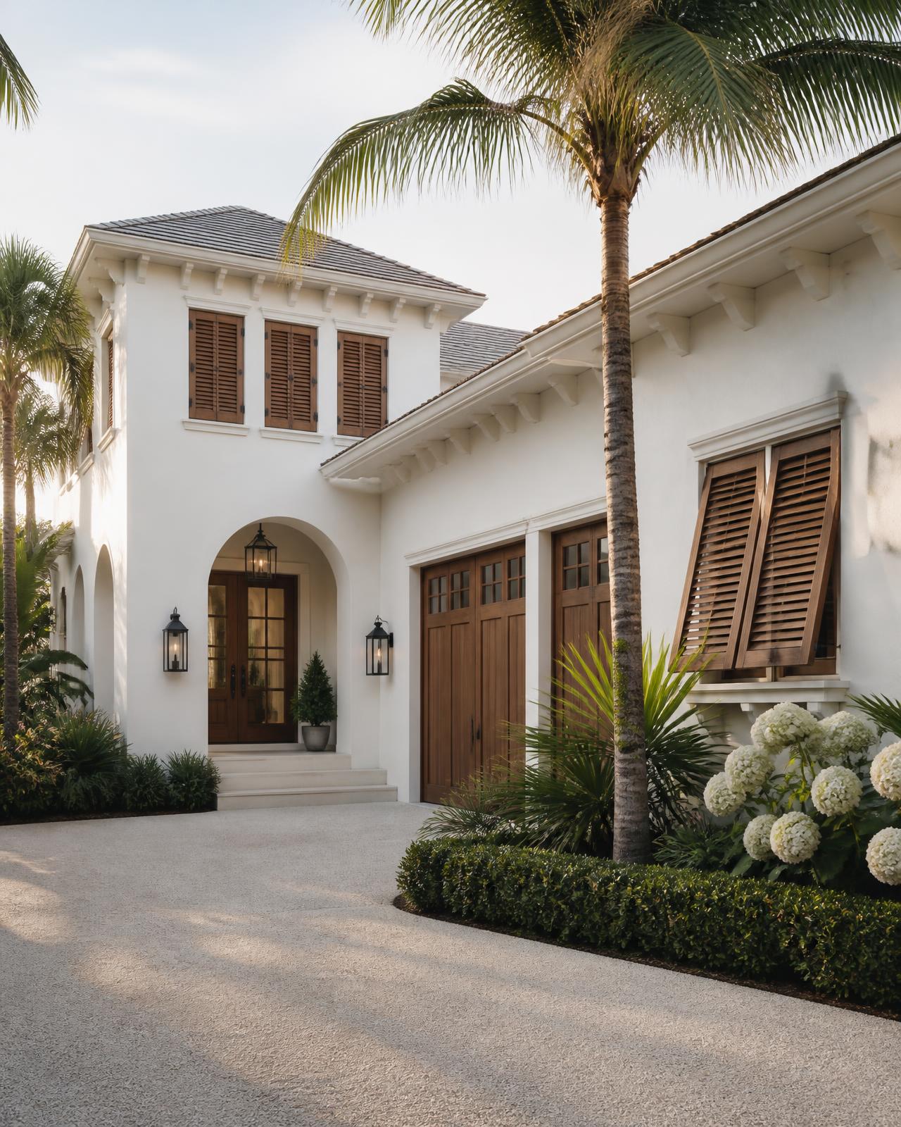 Elegant Naples Florida coastal home exterior with wood shutters