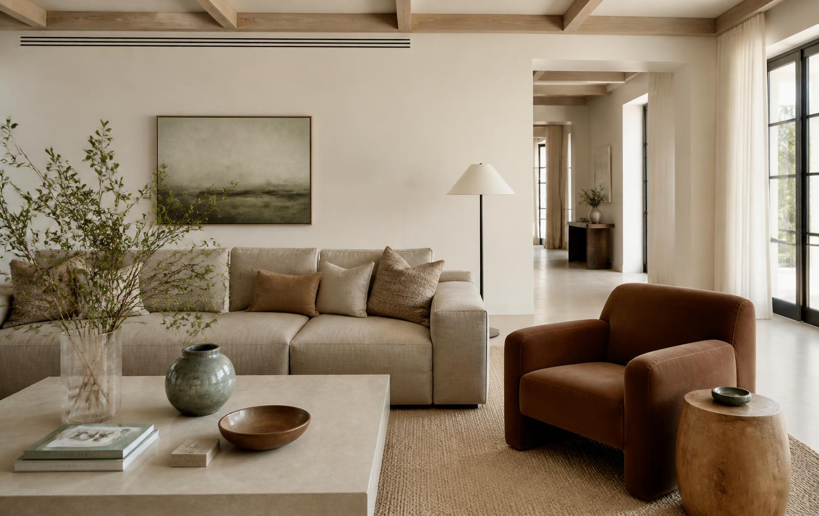 Warm neutral coastal living room with khaki linen, umber upholstery and mineral accents
