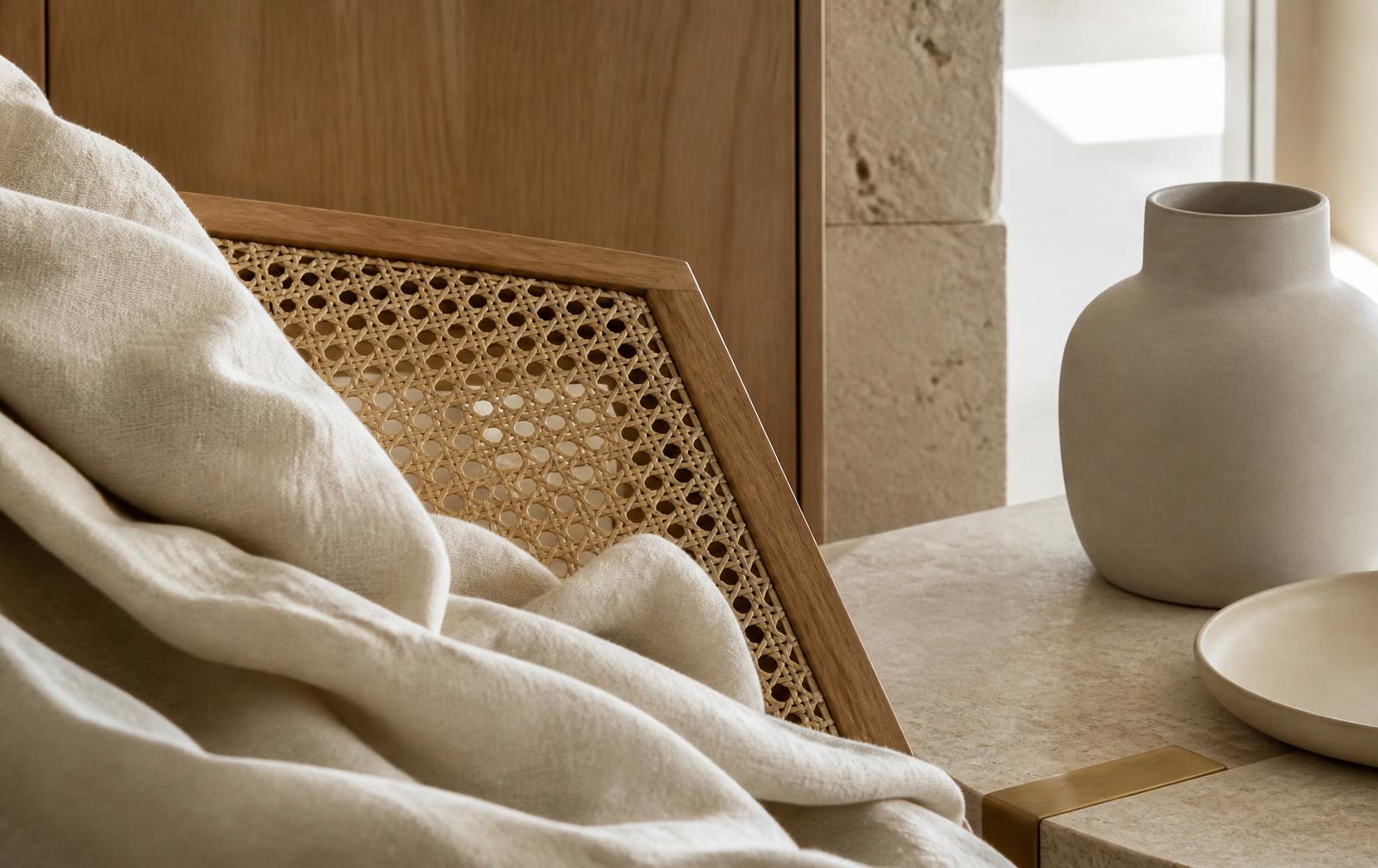 Close view of natural linen, woven cane, warm oak, honed stone and matte ceramic