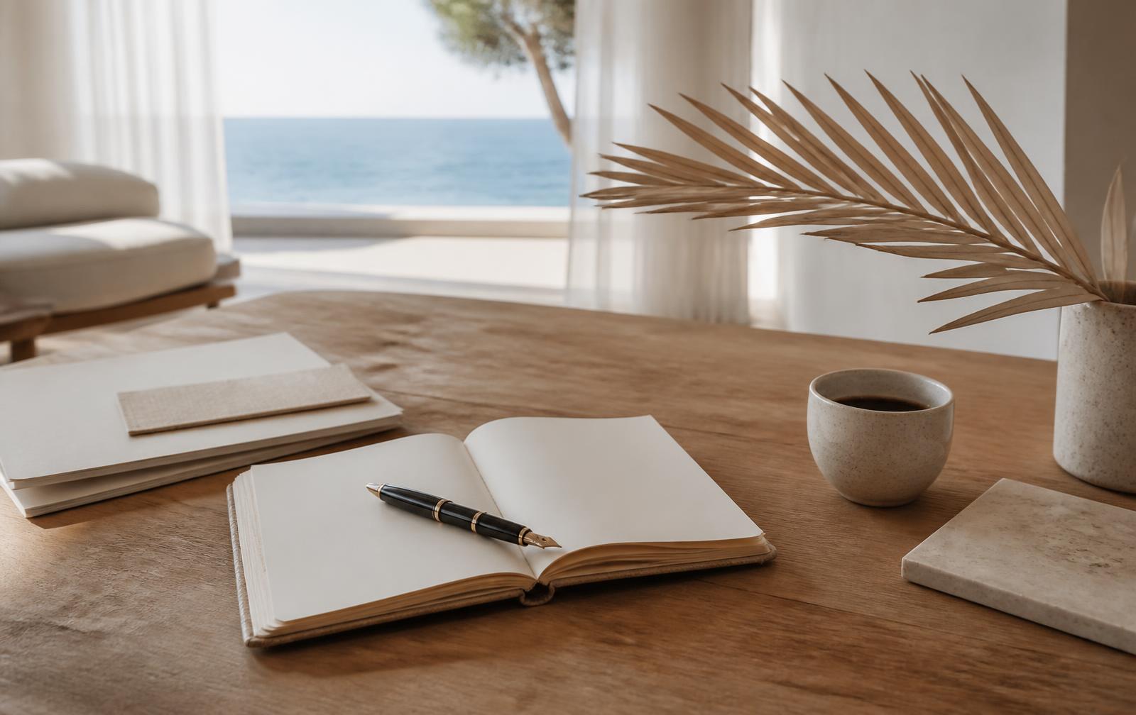 Notebook and coffee on a warm oak desk in a coastal Naples home