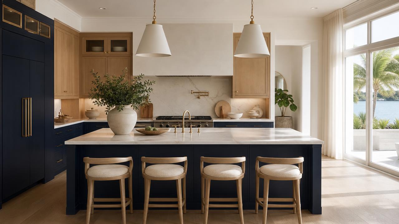 Coastal modern kitchen with navy blue island, warm oak cabinets, honed marble and brass fixtures