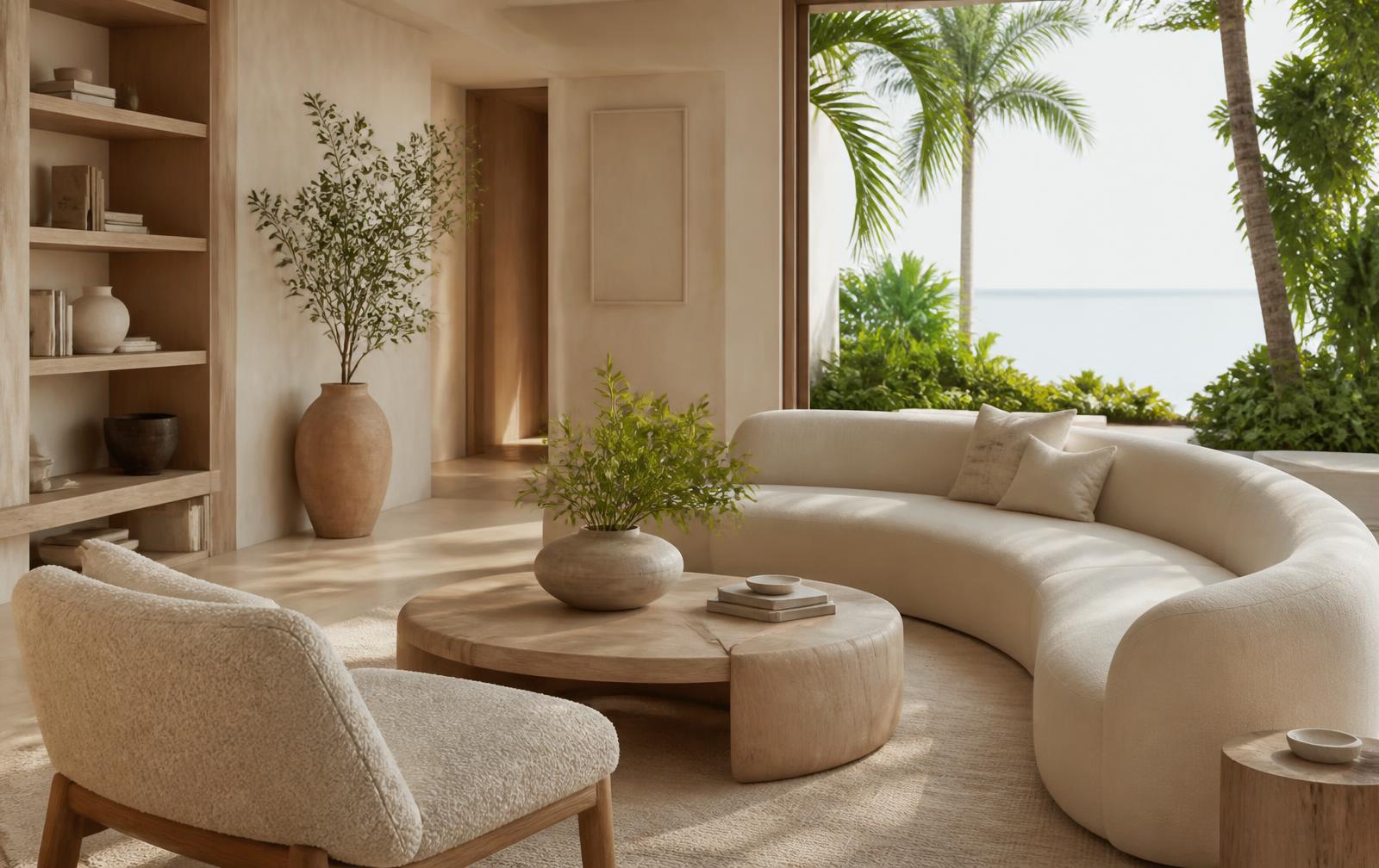 Organic modern Naples living room with curved linen seating and warm natural wood