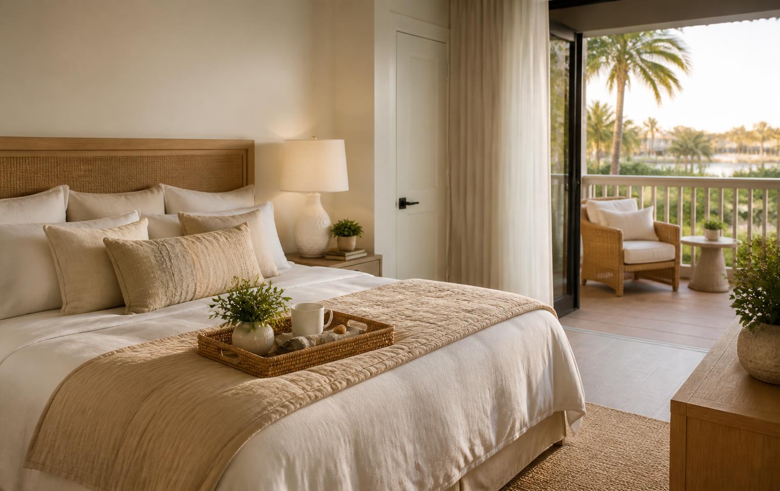 Staged Naples vacation rental bedroom with layered linen and a welcoming coastal terrace