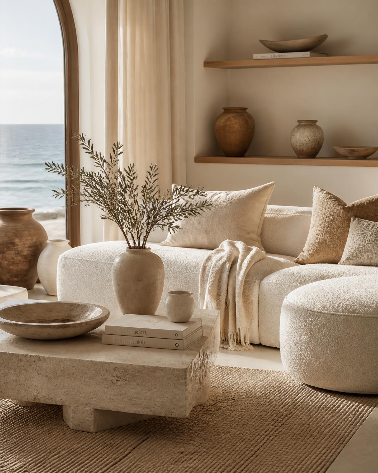 Staged coastal living room with boucle sofa and organic ceramics